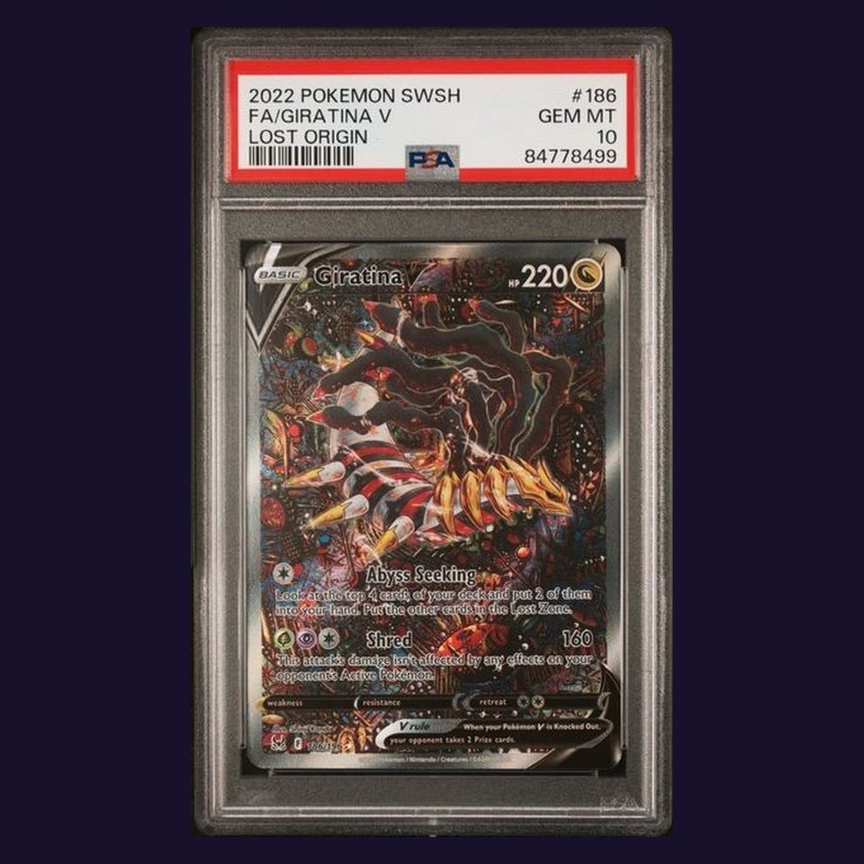 Giratina V 186/196 PSA 10: close-up of the slab label and card