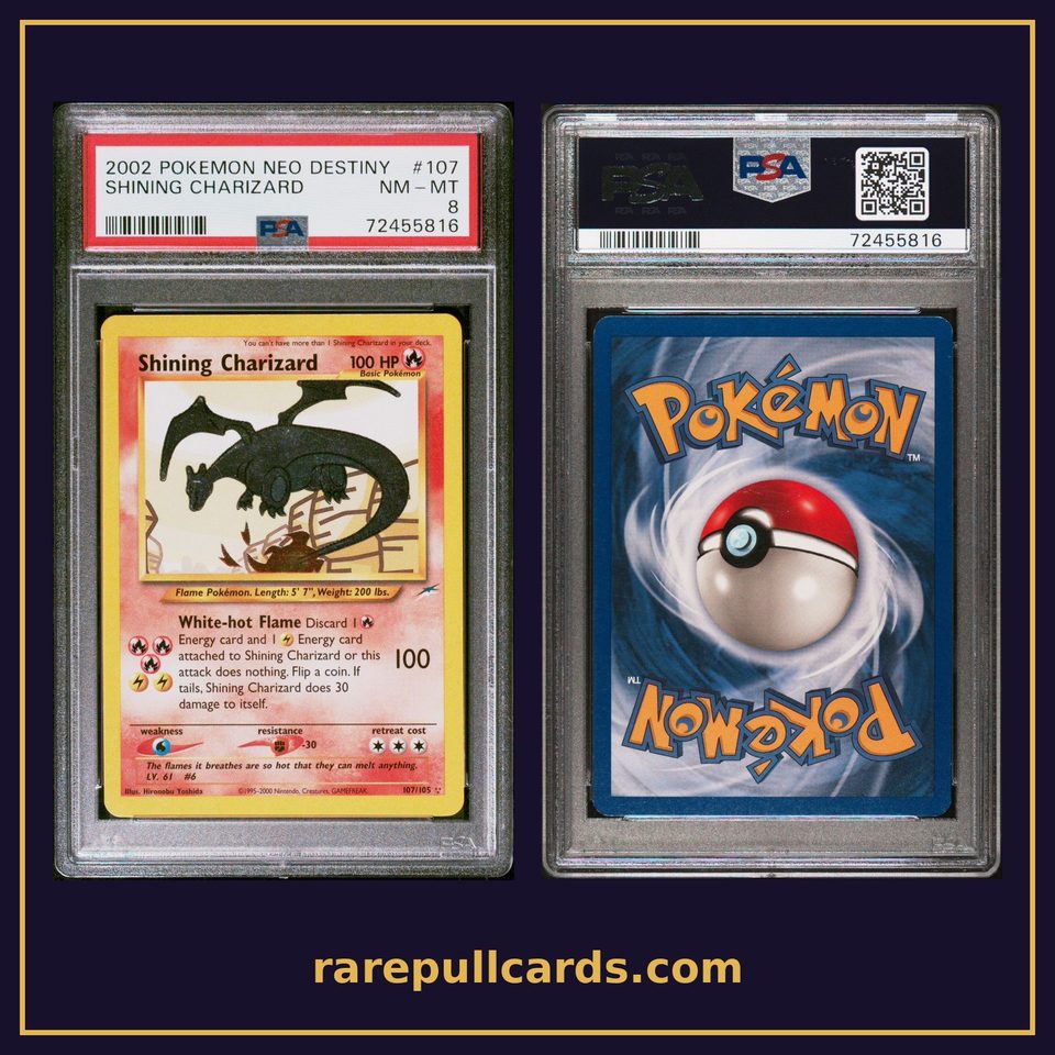 Shining Charizard 107/105 PSA 8: front and back of the slab
